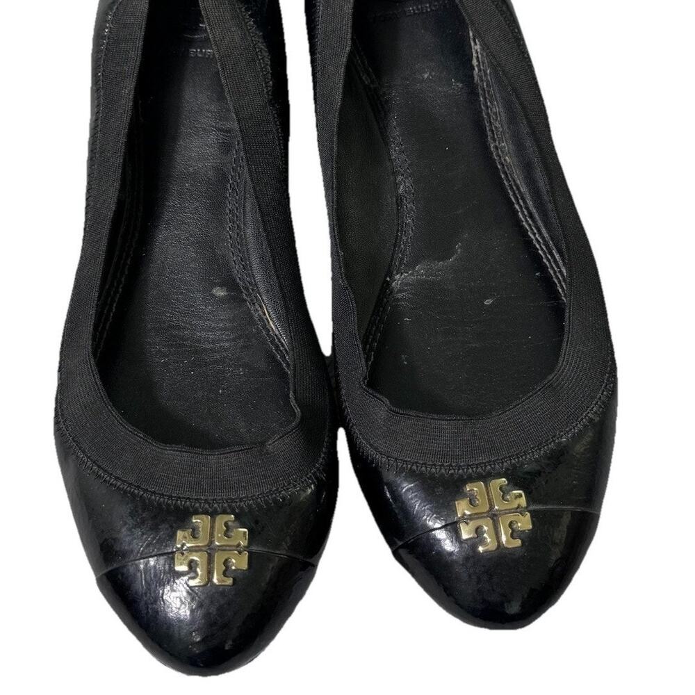 Tory Burch Black Leather Flats Slip On Shoes Gold Logo Toe Womens 9.5 Preppy
